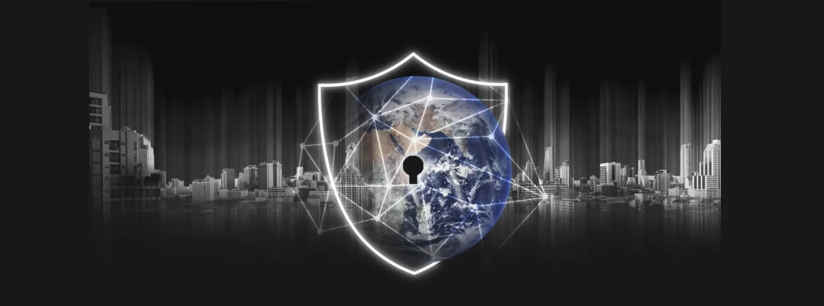 Global security shield protecting a connected world skyline, representing BFSTA security consulting