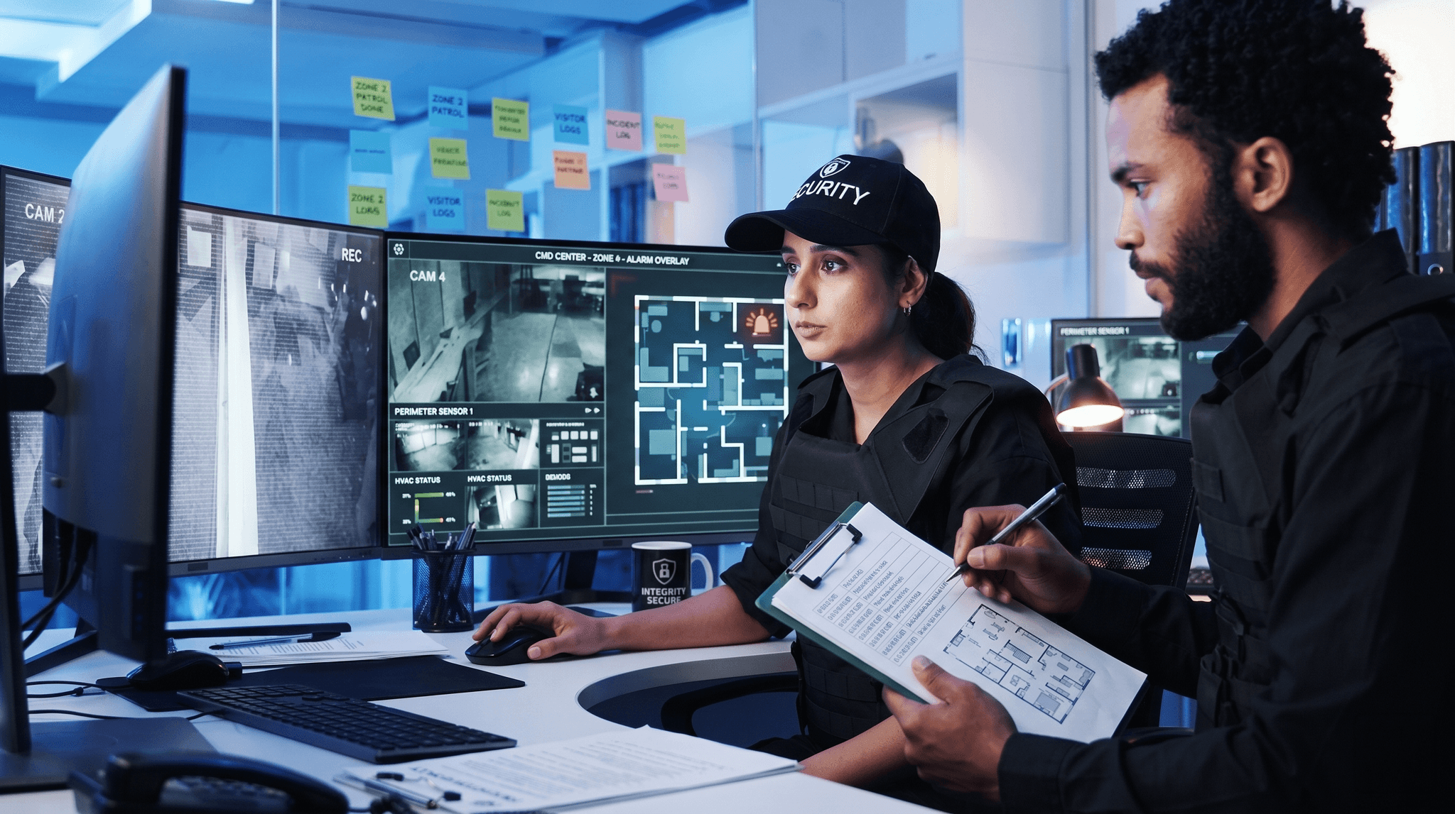 Security operators monitoring surveillance feeds in an investigations command center